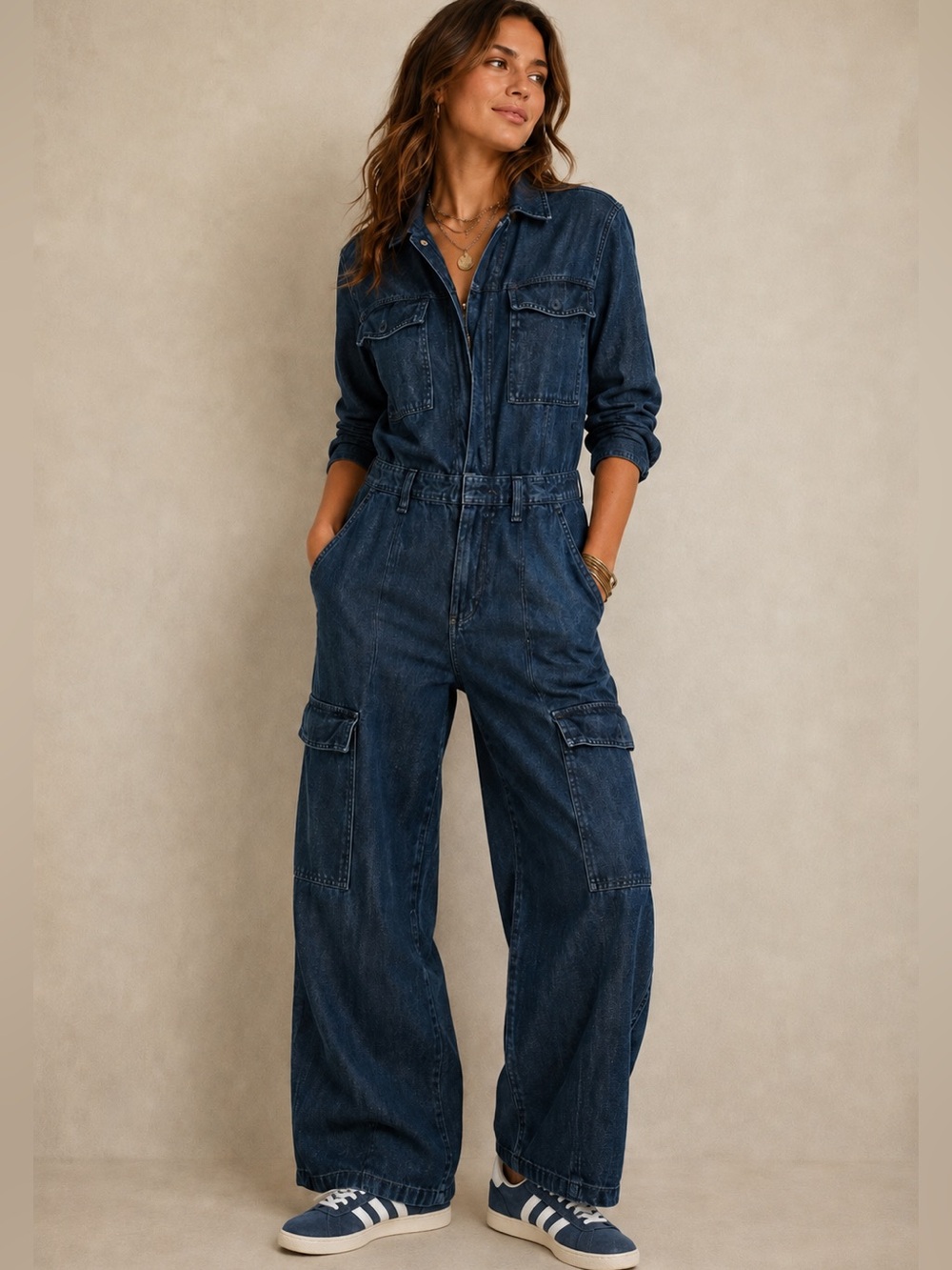 Gap Denim Jumpsuit Dark Wash Long Sleeve Wide Leg Utility Boiler Suit Sz 4 Work